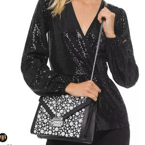 Sequin Mirror Dot Crossover Blouson-sleeve Peplum